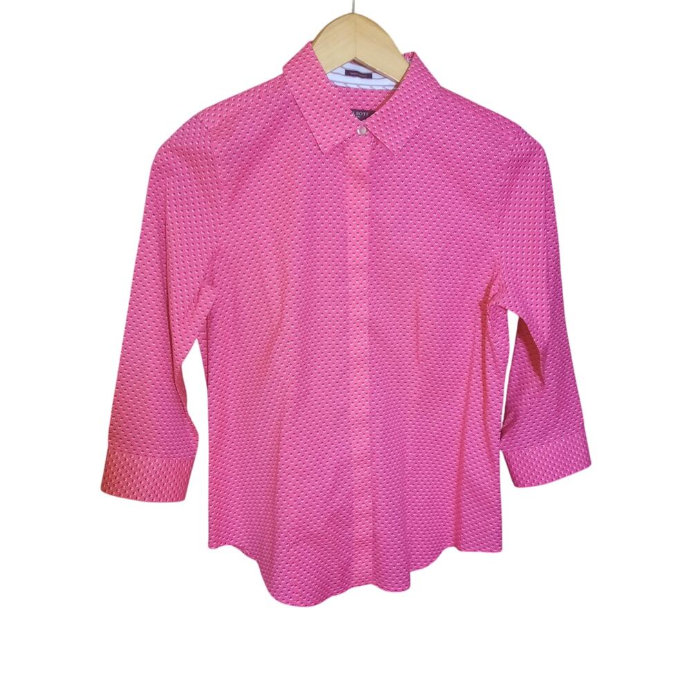 Talbots Womens Pink Geometric Print Pointed Collar Hidden Button Top Size 4P
